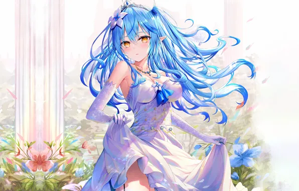 Girl, sexy, cleavage, flower, long hair, dress, boobs, anime