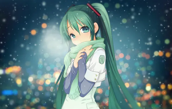 Winter, snow, lights, anime, hatsune miku, Vocaloid, Miku