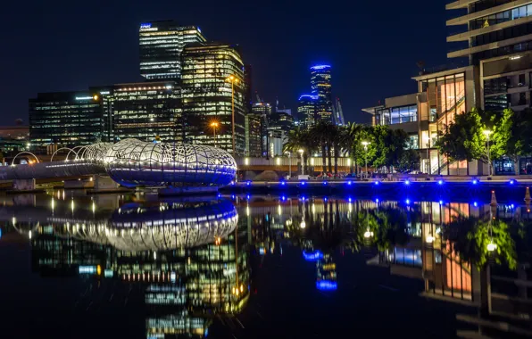 Water, trees, night, lights, reflection, river, building, home