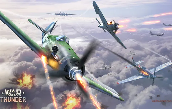 The sky, clouds, flame, war, Mustang, fighter, Boeing, bomber