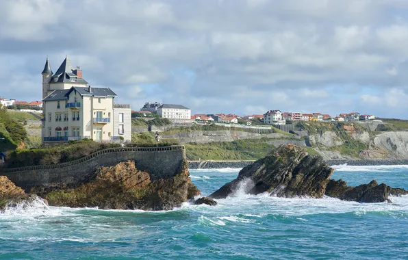 Picture sea, squirt, the city, rocks, France, home, Biarritz