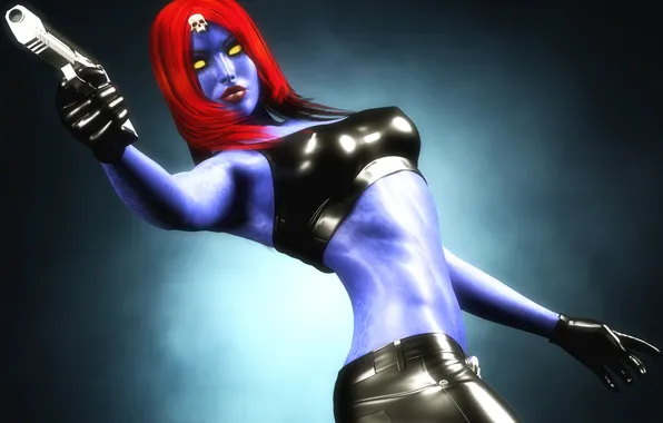 Look, gun, weapons, Mystic, X-Men, marvel, blue skin, Raven