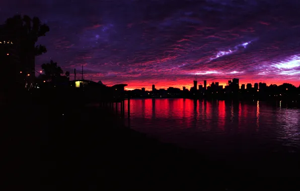Picture night, river, home, Burgundy sunset