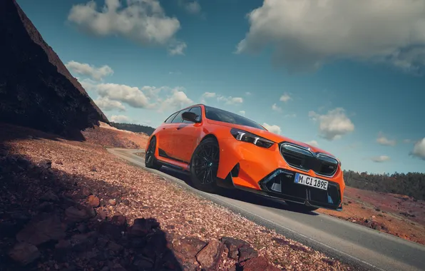 BMW, Orange, Clouds, Mountain, Road, M Performance, BMW M5 Touring, M5 Touring