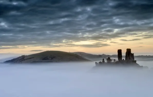 Landscape, sunset, fog, Corfe Castle