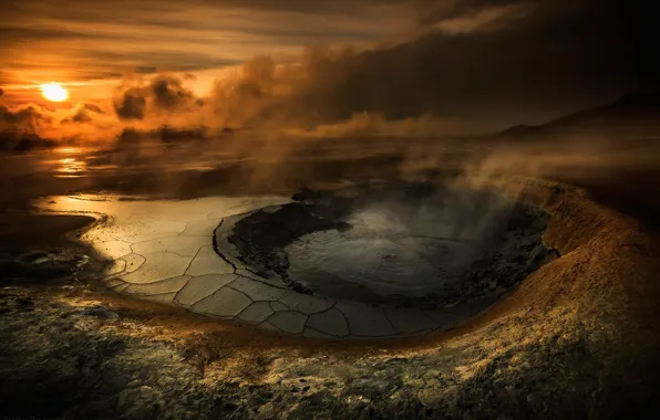 The sky, water, the sun, clouds, sunset, lake, the volcano, crater