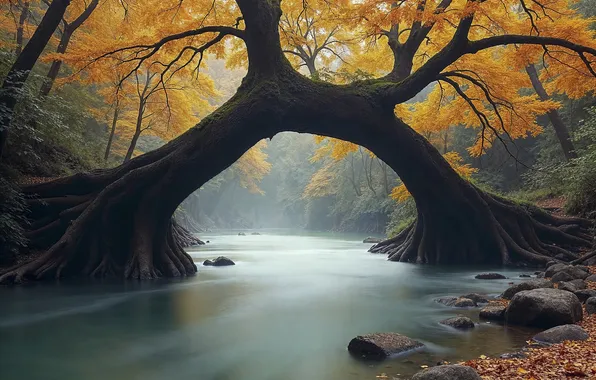 Autumn, forest, light, branches, fog, stones, tree, trunks