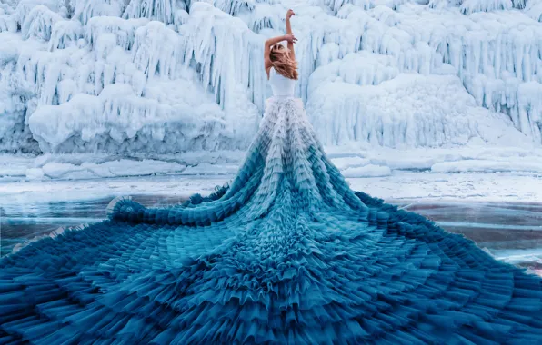 Winter, water, girl, snow, pose, lake, the wind, blue