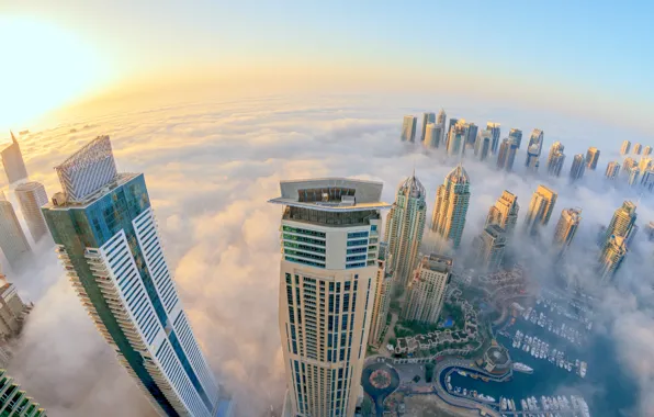 Picture the city, fog, view, skyscrapers, Dubai