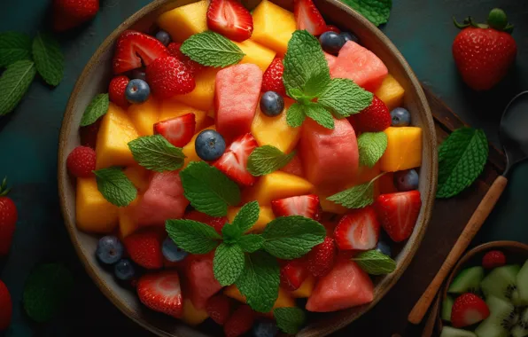 Berries, rendering, watermelon, kiwi, blueberries, strawberry, spoon, fruit