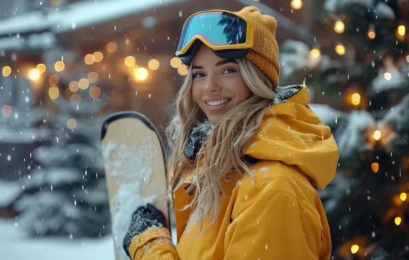 Winter, look, girl, snow, lights, smile, house, snowboard