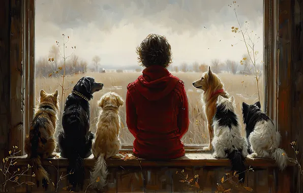 Dogs, pose, boy, friends, imitation painting, AI art, neural network