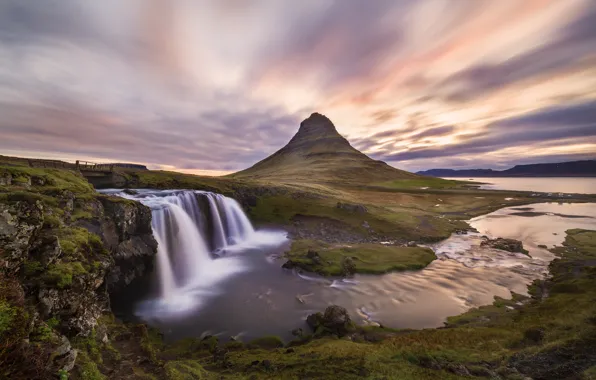 The sky, clouds, excerpt, waterfalls, Iceland, Kirkjufellsfoss, mountain Kirkjufell