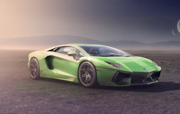 Lamborghini, Moon, Green, Front, LP700-4, Aventador, Supercar, Desert