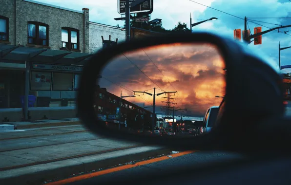 City, Car, Mirror, Reflection