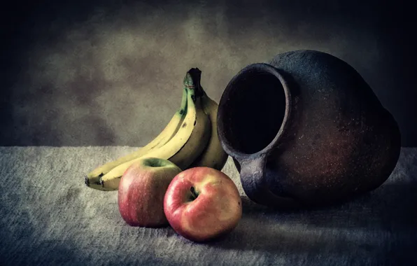 Apples, bananas, pitcher, still life