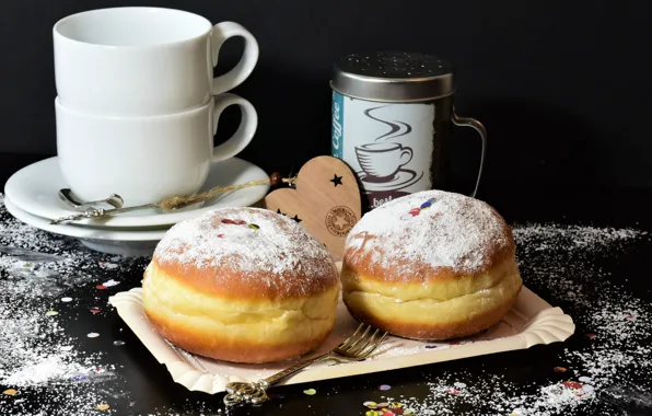 Cup, donuts, powdered sugar