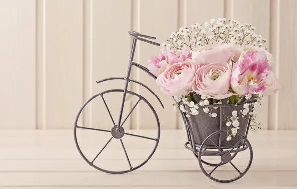 Bike, bouquet, tulips, composition, Ranunculus