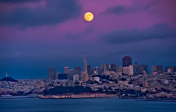 The sky, night, the moon, building, home, Bay, san francisco, San Francisco