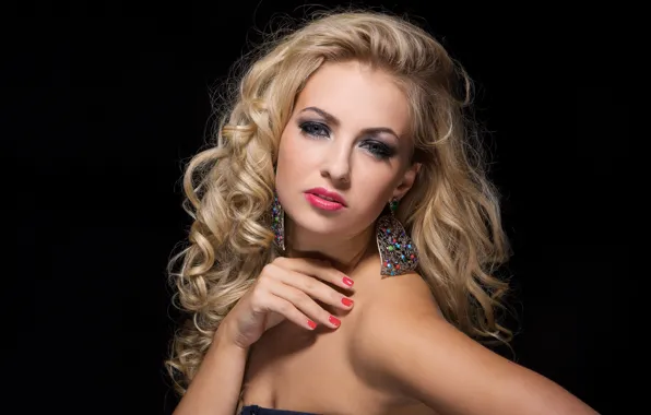 Picture background, black, hair, portrait, makeup, blonde, curly, Sergejs Rahunoks