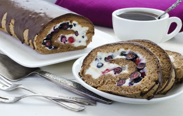 Berries, tea, mug, fork, blade, chocolate roll