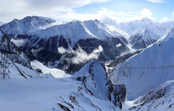 Winter, clouds, snow, trees, mountains, rocks, height, Switzerland