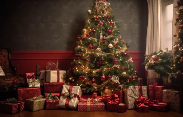 Winter, decoration, balls, tree, interior, New Year, Christmas, gifts