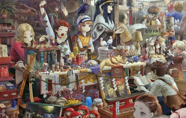 Girl, anime, art, shopping, market