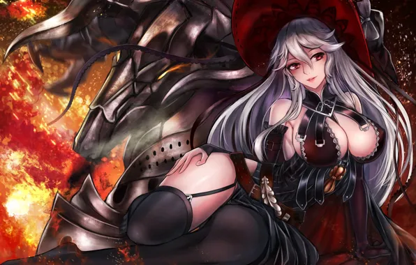 Girl, sexy, cleavage, thighhighs, long hair, dress, boobs, anime