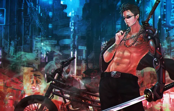 Fiction, hand, sword, katana, art, glasses, motorcycle, male