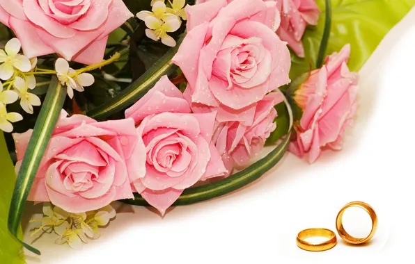 Picture flowers, droplets, roses, bouquet, flowers, engagement rings, droplets, wedding rings