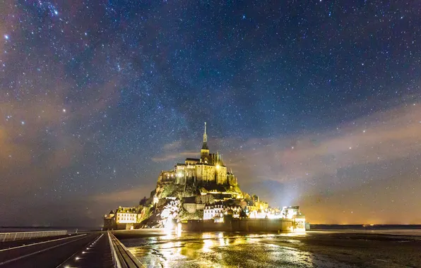 Stars, night, castle, France, island, Normandy, Mont-Saint-Michel