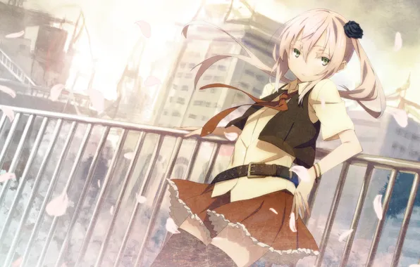 Girl, the city, petals, leaning, Houru