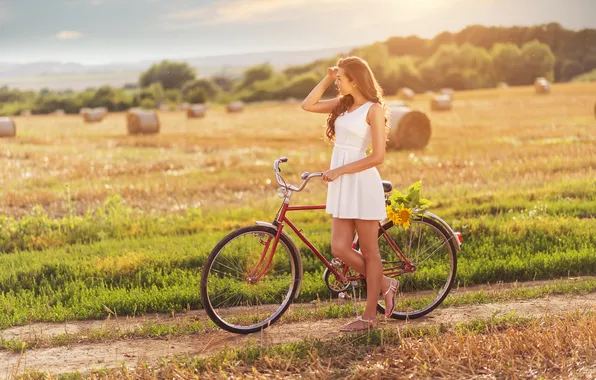 Picture road, field, the sky, girl, clouds, bike, sunflower, hay