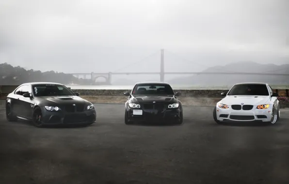 Picture white, bridge, fog, black, bmw, BMW, coupe, white
