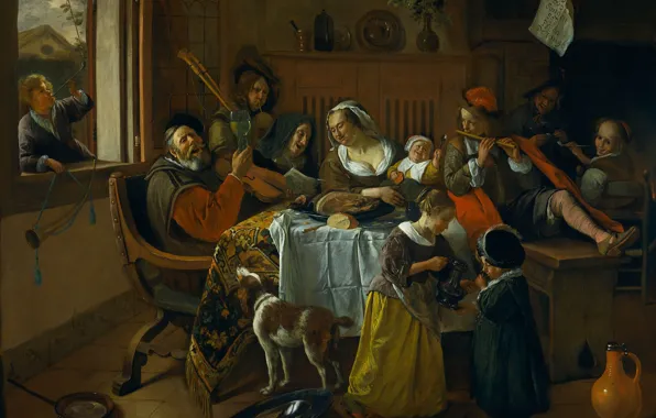 People, oil, interior, picture, canvas, feast, genre, Ian Havickszoon Walls