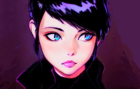 Picture haircut, black hair, purple background, portrait of a girl, Ilya Kuvshinov