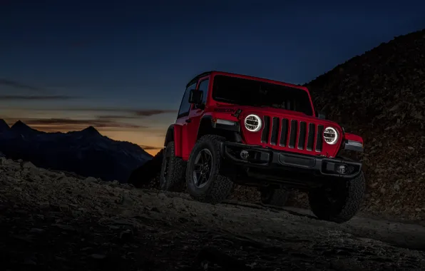 Mountains, night, red, 2018, Jeep, pass, Wrangler Rubicon