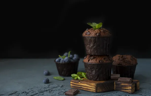 Drops, blueberries, cupcakes, chocolate, Muffins, Evgeshka999