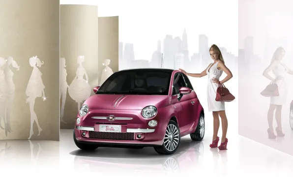 Girl, Machine, in white, Fiat 500, pink car