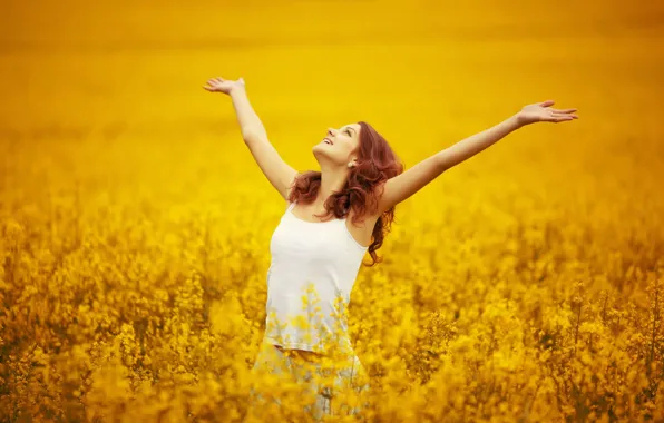 Picture field, freedom, girl, flowers, nature, smile, background, widescreen, Wallpaper, mood, plants, hands, wallpaper, flowers, widescreen, …