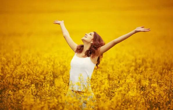 Picture field, freedom, girl, flowers, nature, smile, background, widescreen