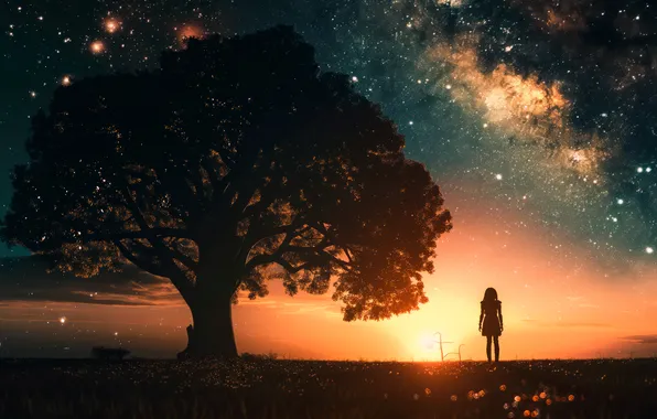 Picture nature, sunset, stars, Milky Way, digital art, character design, AI art