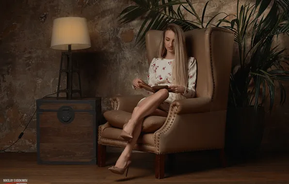 Girl, long hair, dress, model, blonde, lamp, armchair, plants
