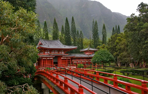 Trees, bridge, Japan, Pagoda