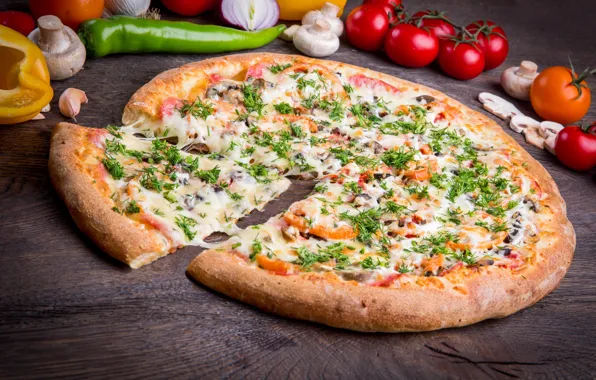 Picture greens, mushrooms, cheese, pepper, vegetables, pizza, tomato