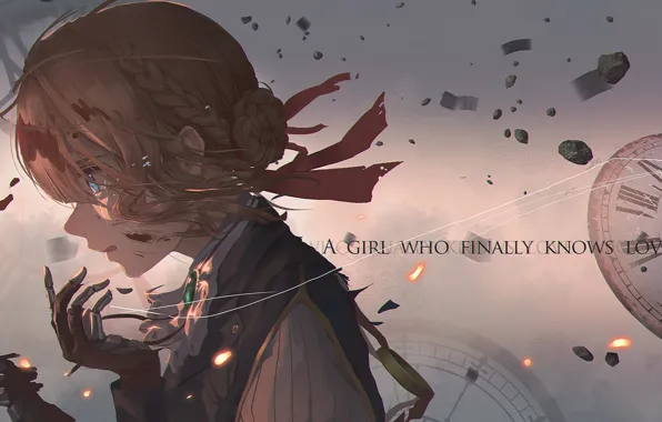 Picture blood, watch, dial, in profile, iron hand, red ribbon, Violet Evergarden
