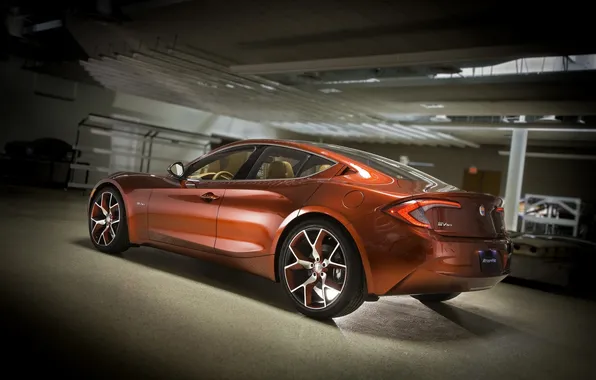 Red, garage, the concept, twilight, rear view, hybrid, Fisker, Fisker