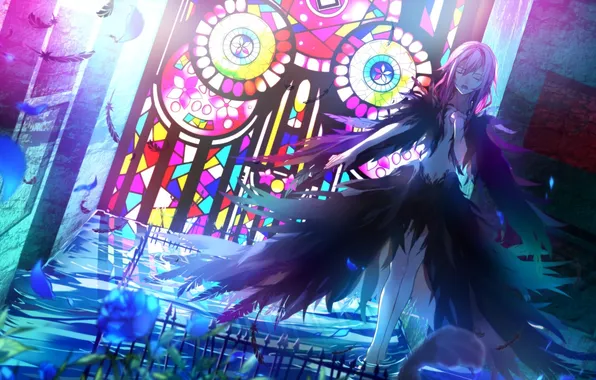 Water, flowers, feathers, open mouth, guilty crown, pink hair, inori yuzuriha, closed eyes
