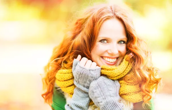Autumn, girl, smile, background, mood, scarf, hairstyle, red